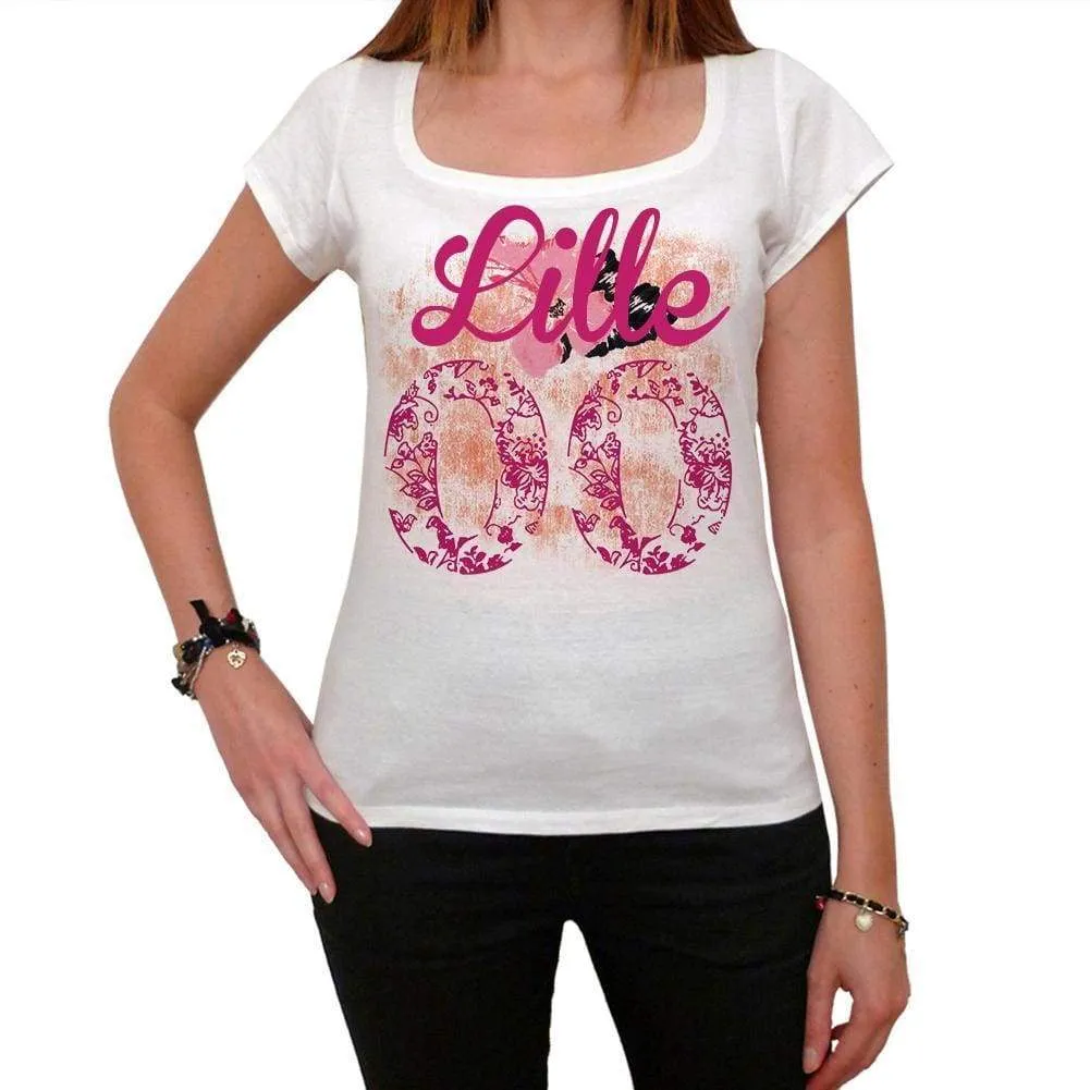 00, Lille, City With Number, Women's Short Sleeve Round White T-shirt 00008