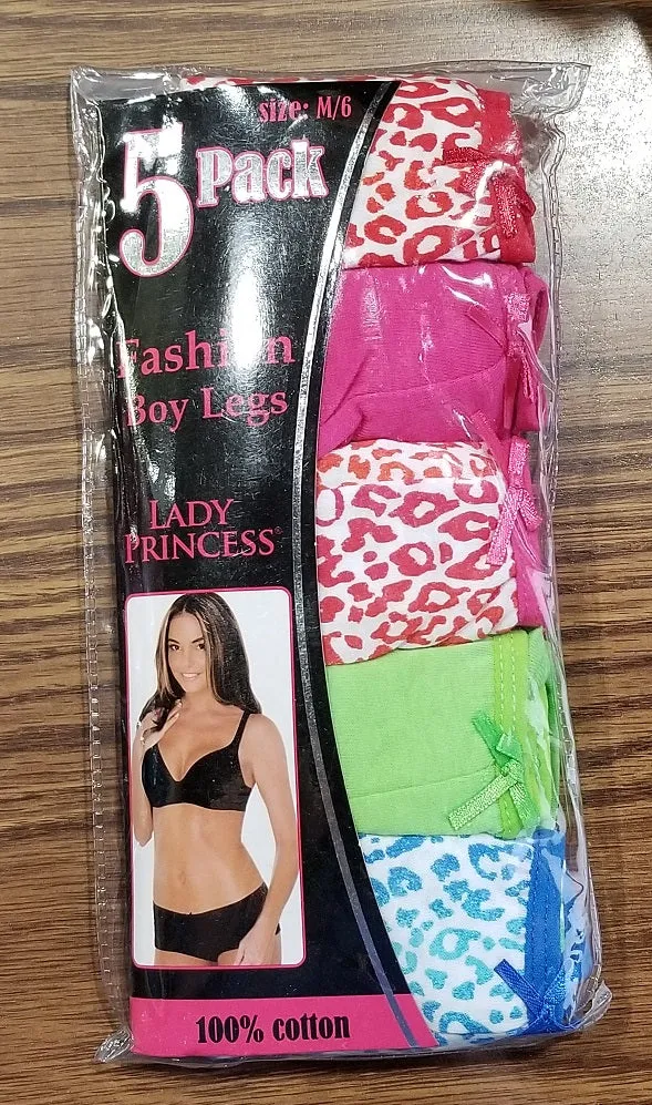 100% Cotton Fashion BoyLeg Panties 5 Pack Rainbow Leopard