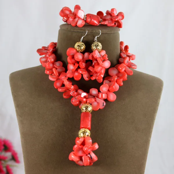 African Coral Beads Necklace Bracelet Earrings Jewelry Set