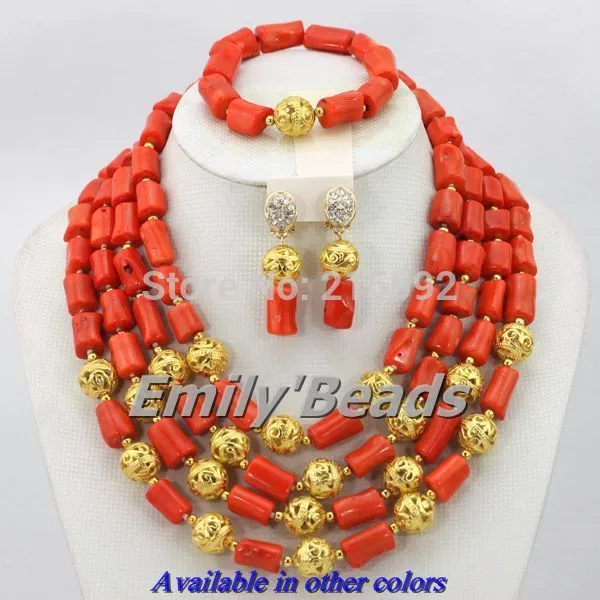 African Coral Beads Necklace Bracelet Earrings Jewelry Set