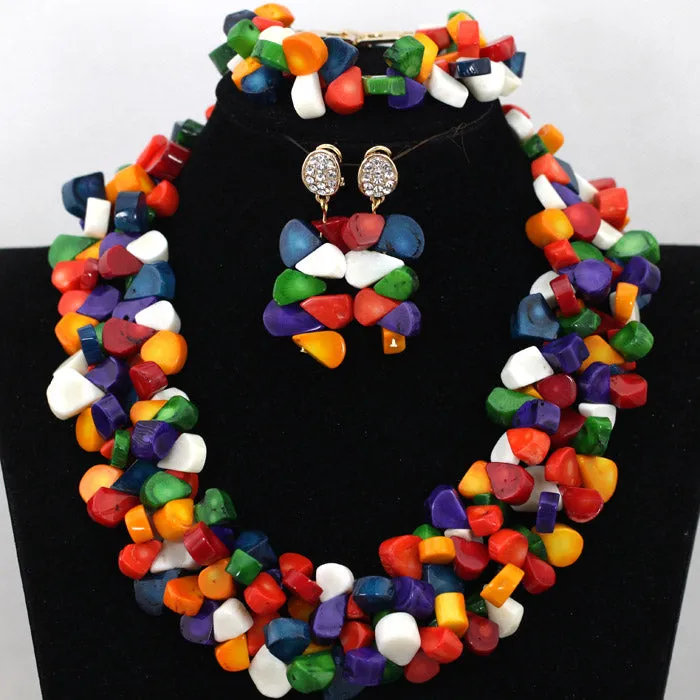 African Coral Beads Necklace Bracelet Earrings Jewelry Set