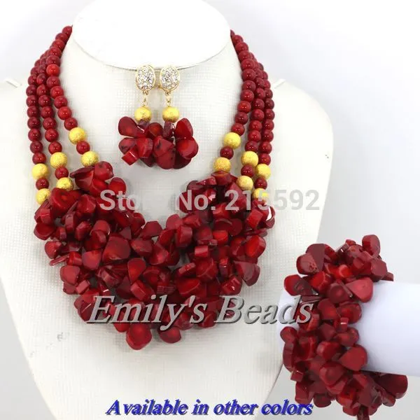 African Coral Beads Necklace Bracelet Earrings Jewelry Set