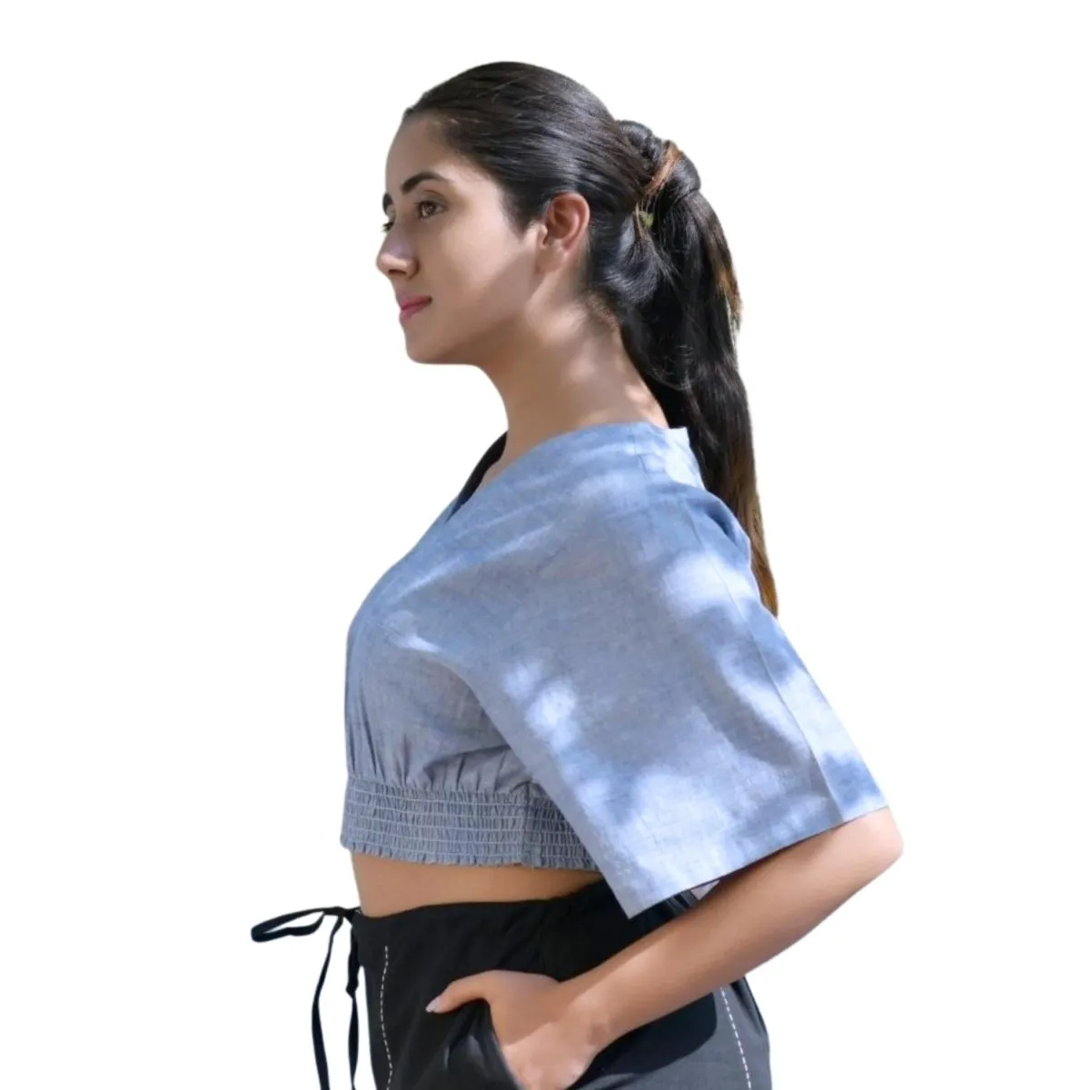 Azure-Blue Women's Cotton Yoga Smock Top | Loose fit for Ultimate Relaxation with Sleeves | Smocked Waist Crop Top