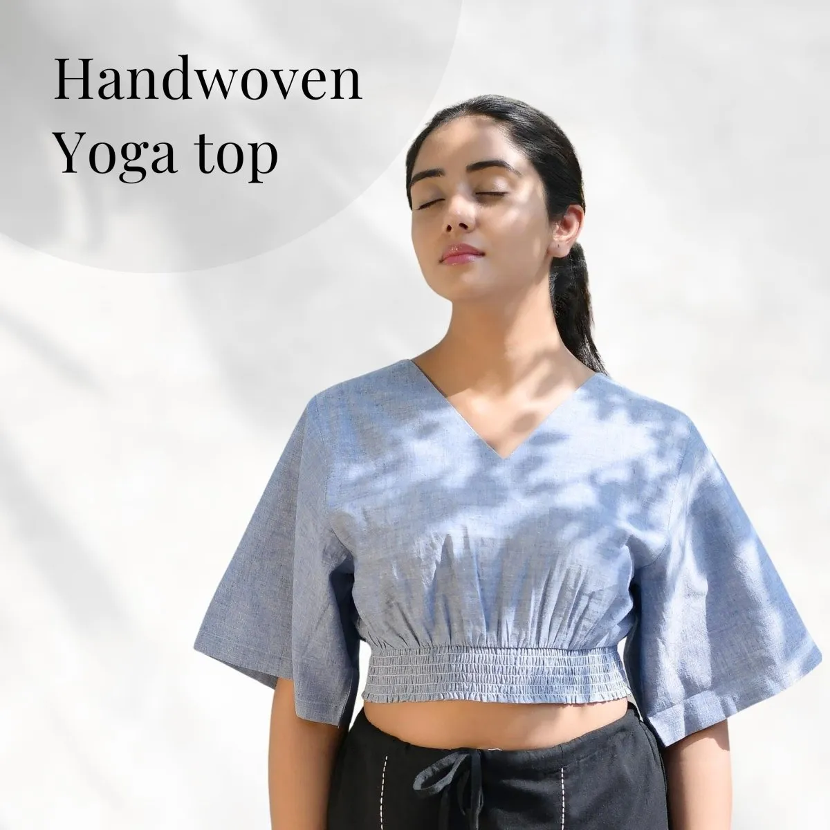 Azure-Blue Women's Cotton Yoga Smock Top | Loose fit for Ultimate Relaxation with Sleeves | Smocked Waist Crop Top