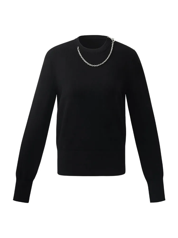 Black Long Sleeve Women Knit Top With Detachable Necklace