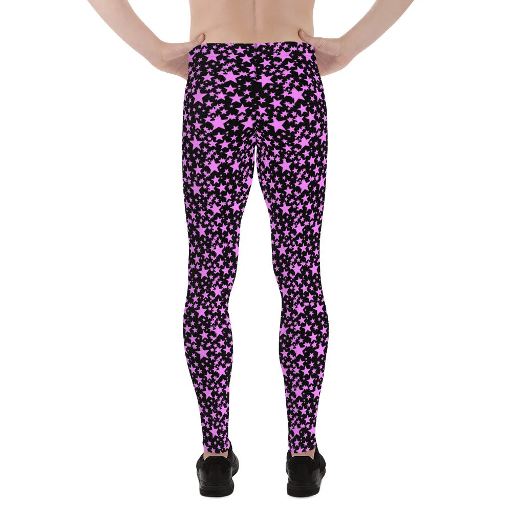 Black Pink Star Print Men's Leggings, Premium Meggings Running Tights-Made in USA/EU