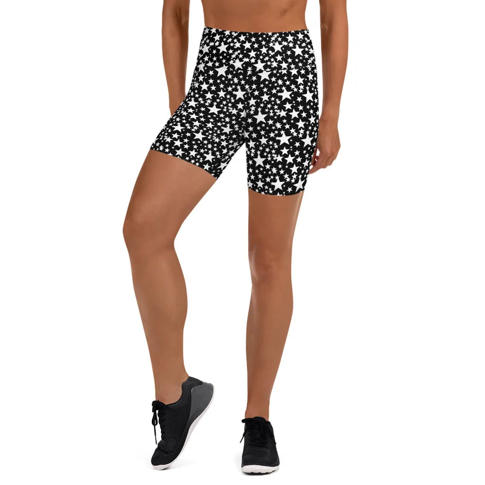 Black Star Yoga Shorts, White Star Print Pattern Fitness Workout Shorts- Made in USA/EU