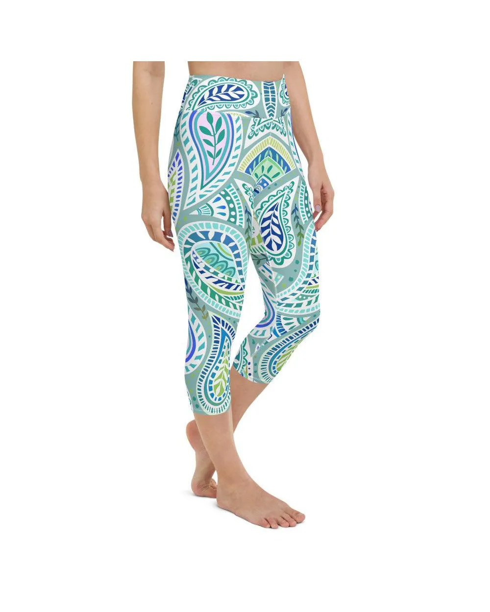 Blue and Green Paisley Yoga Capris