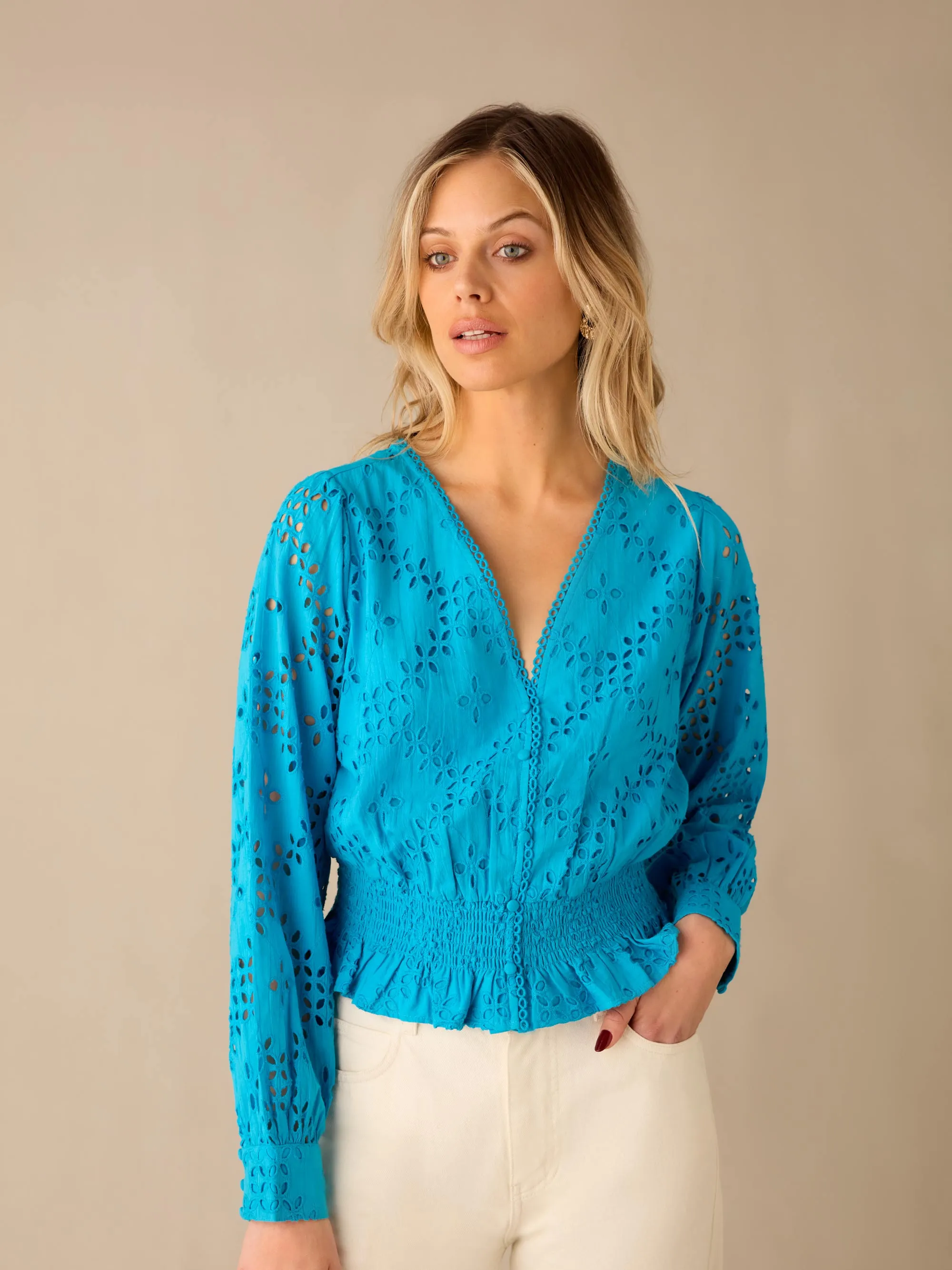 Blue Broderie Shirred Waist Top