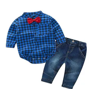 BLUE CHECK PATTERN SHORT LEG ROMPER WITH BOW TIE & BLUE JEANS PANTS