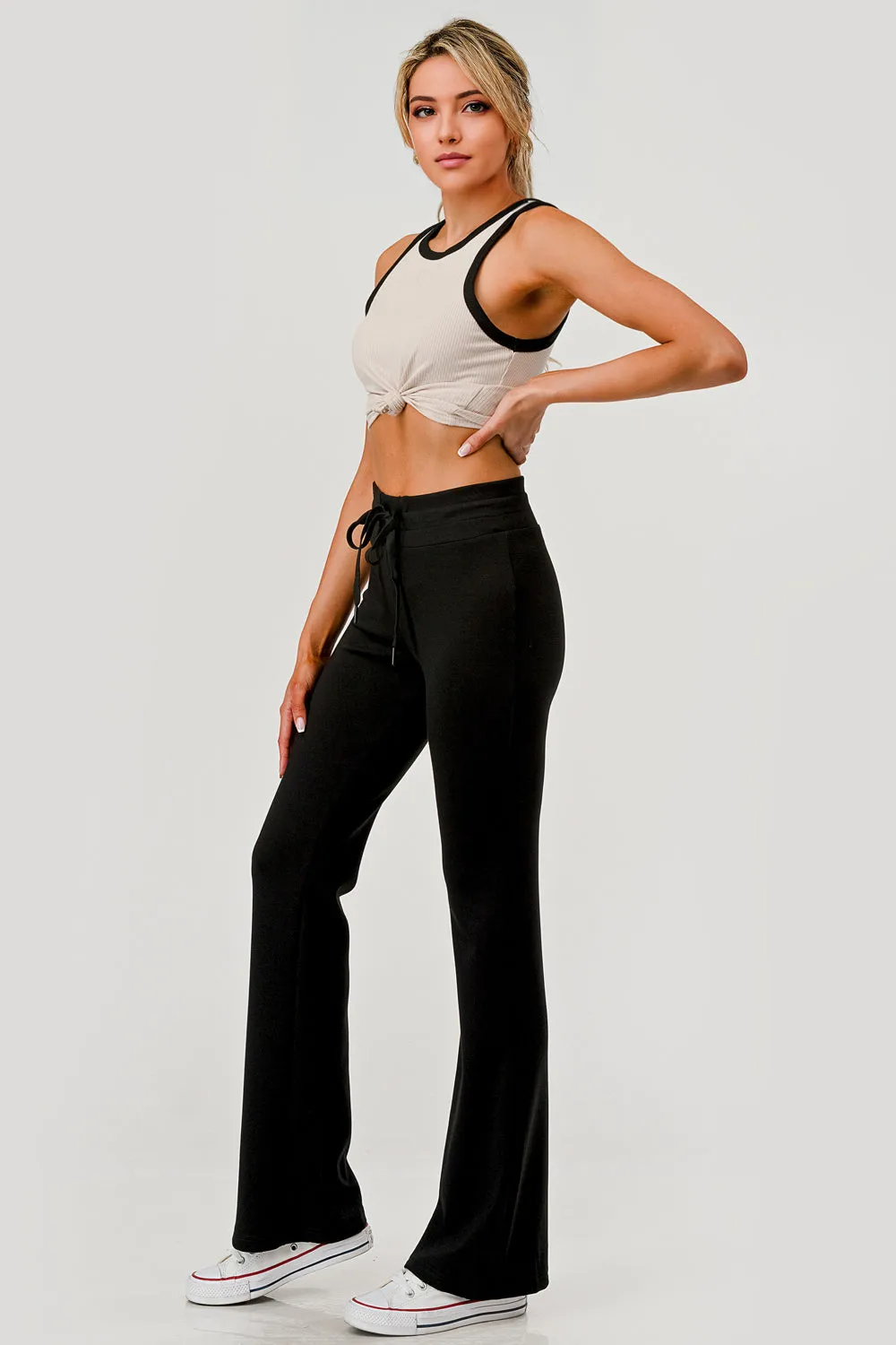 Buttery Soft Drawstring Waist Flare Pants - Black