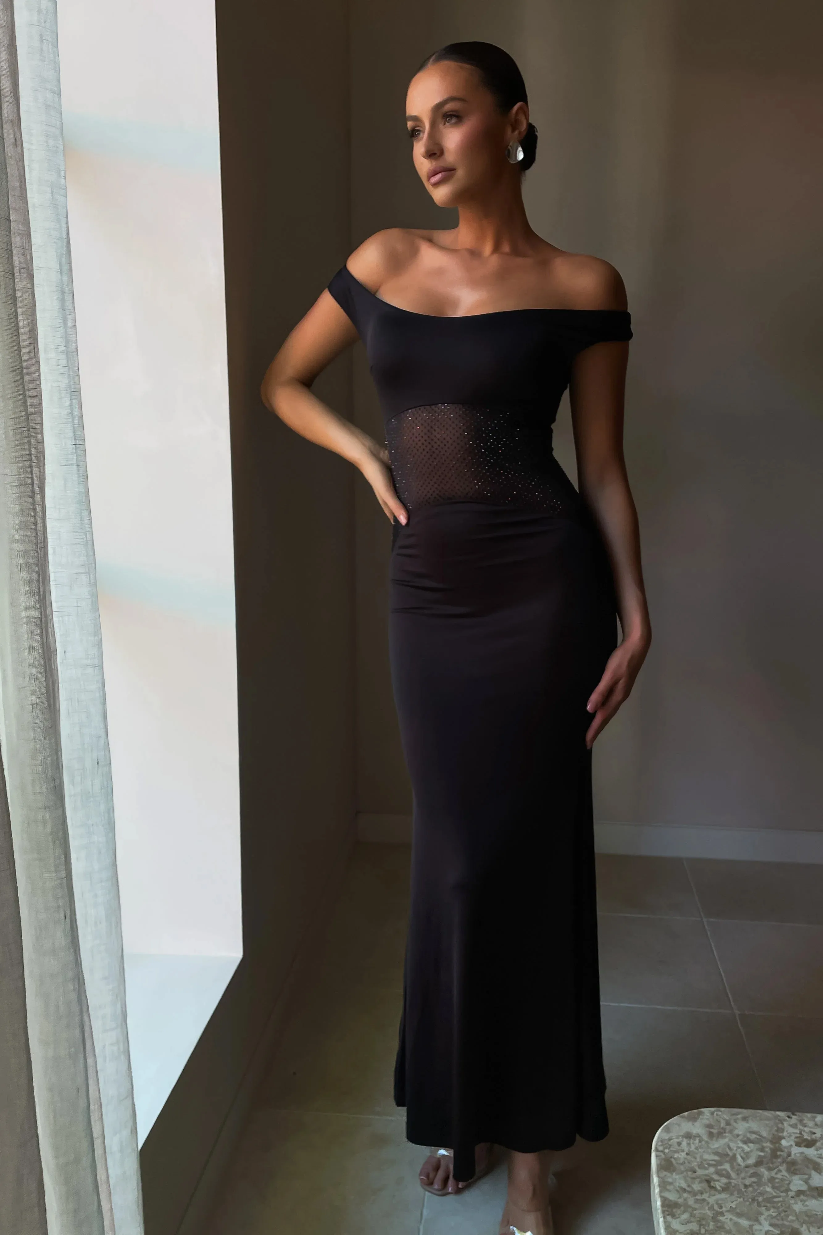 Black Maxi Dress with Diamante Embellishments by Desmond Slinky