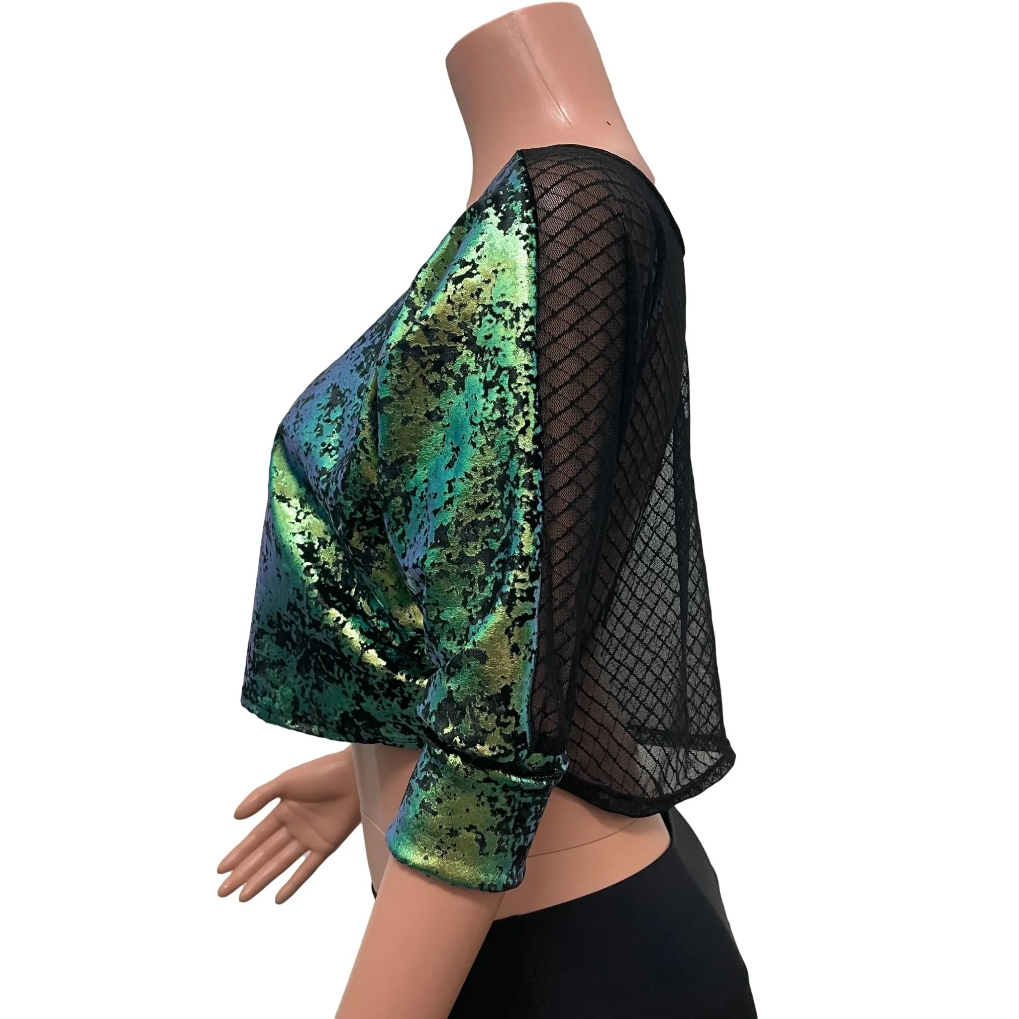 Dolman Crop Top Loose Tee in Green Gilded Velvet and Vixen Mesh