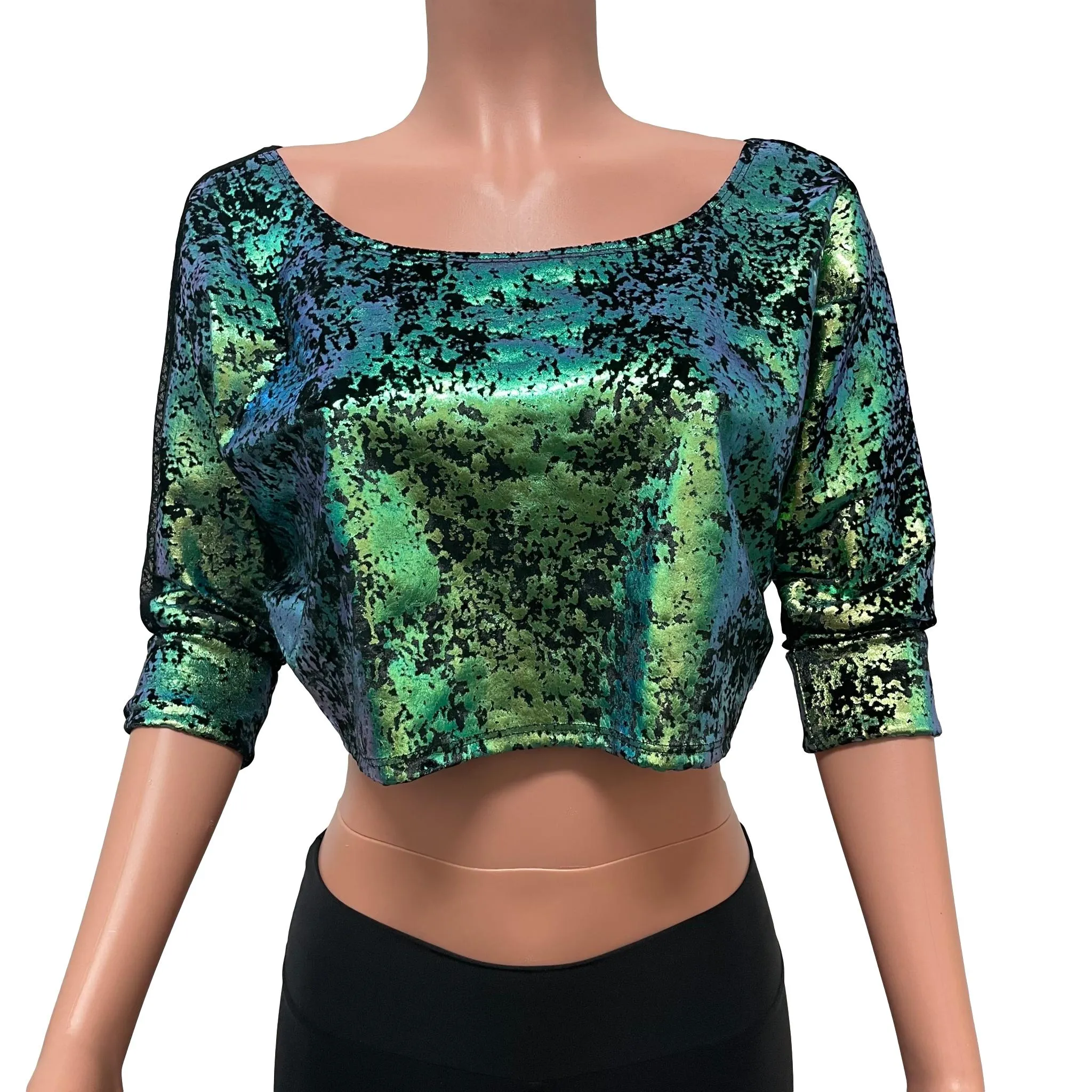 Dolman Crop Top Loose Tee in Green Gilded Velvet and Vixen Mesh