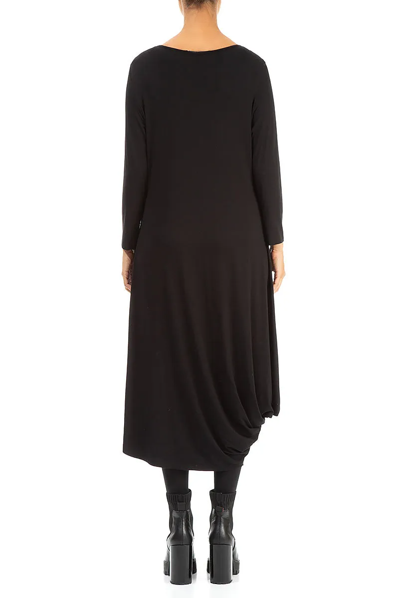 Draped Side Black Cotton Dress