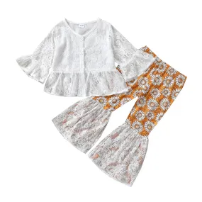 Girls 2 Piece Lace Theme Floral Top & Trouser Set