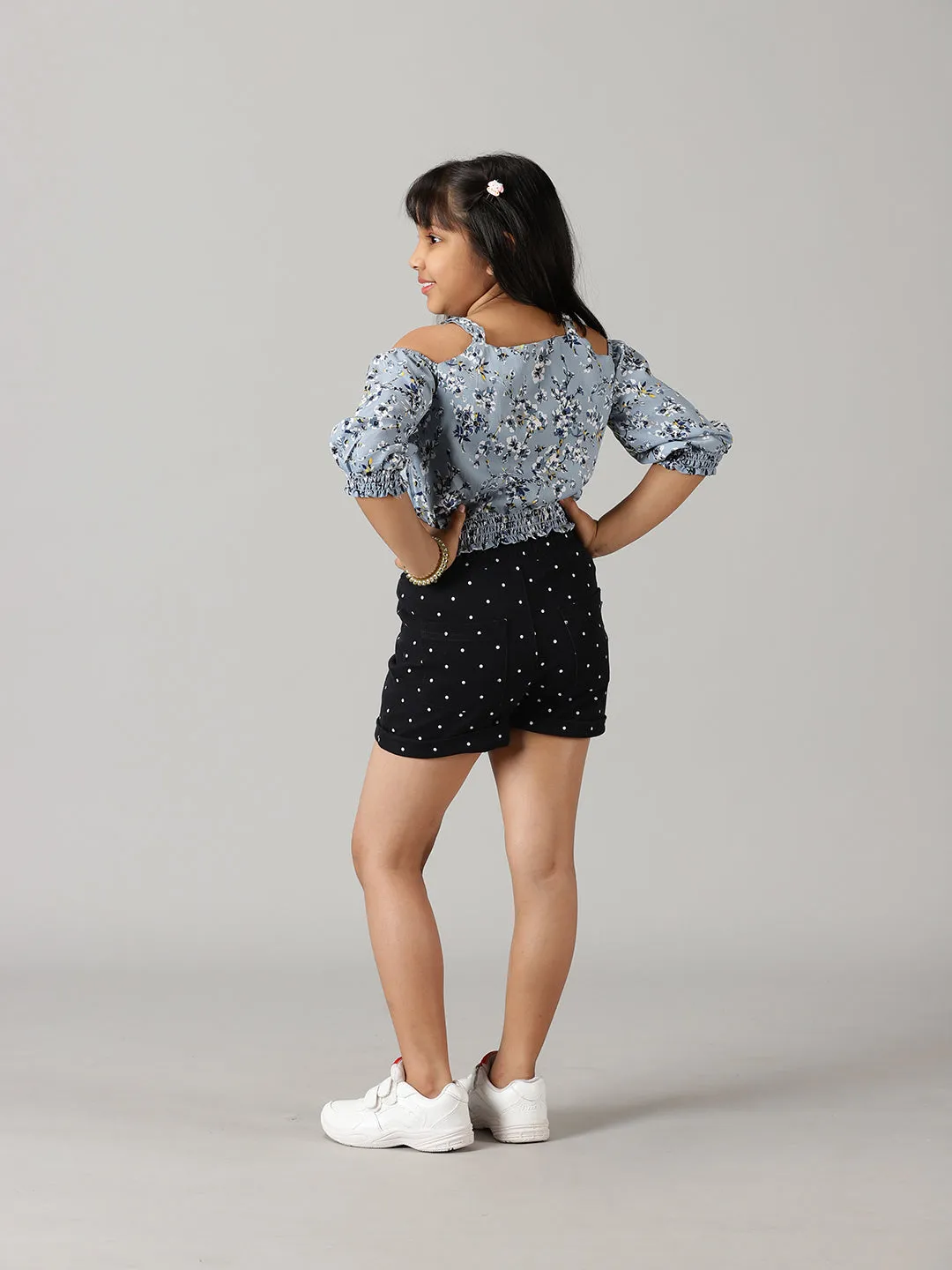 Girls Cold Shoulder Top With Roll up Short Set