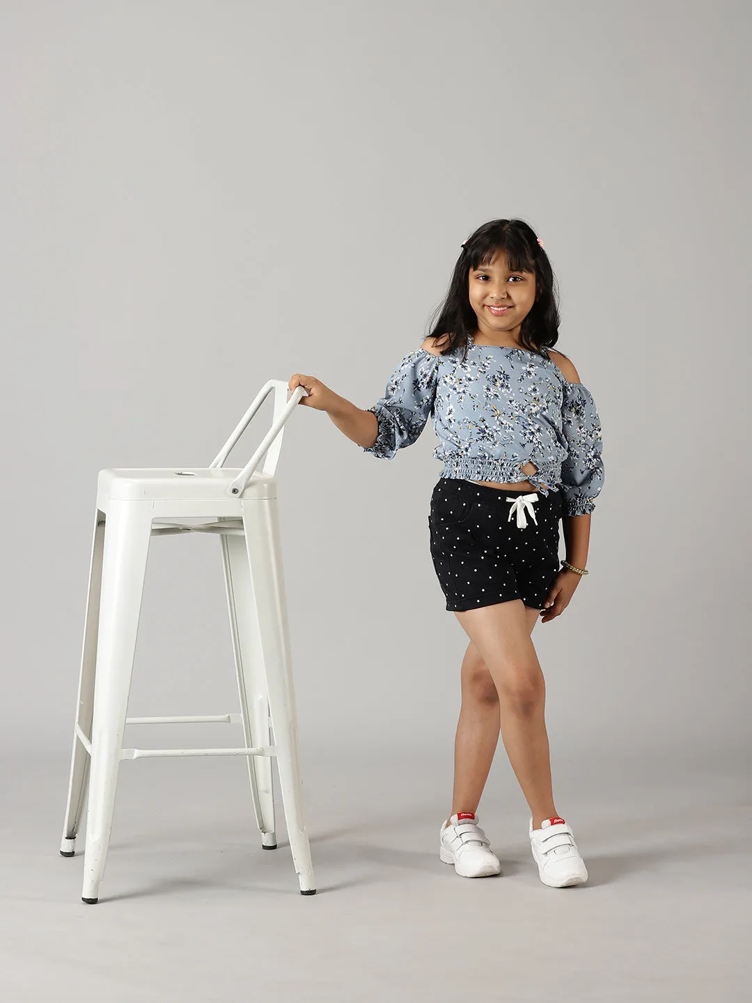 Girls Cold Shoulder Top With Roll up Short Set