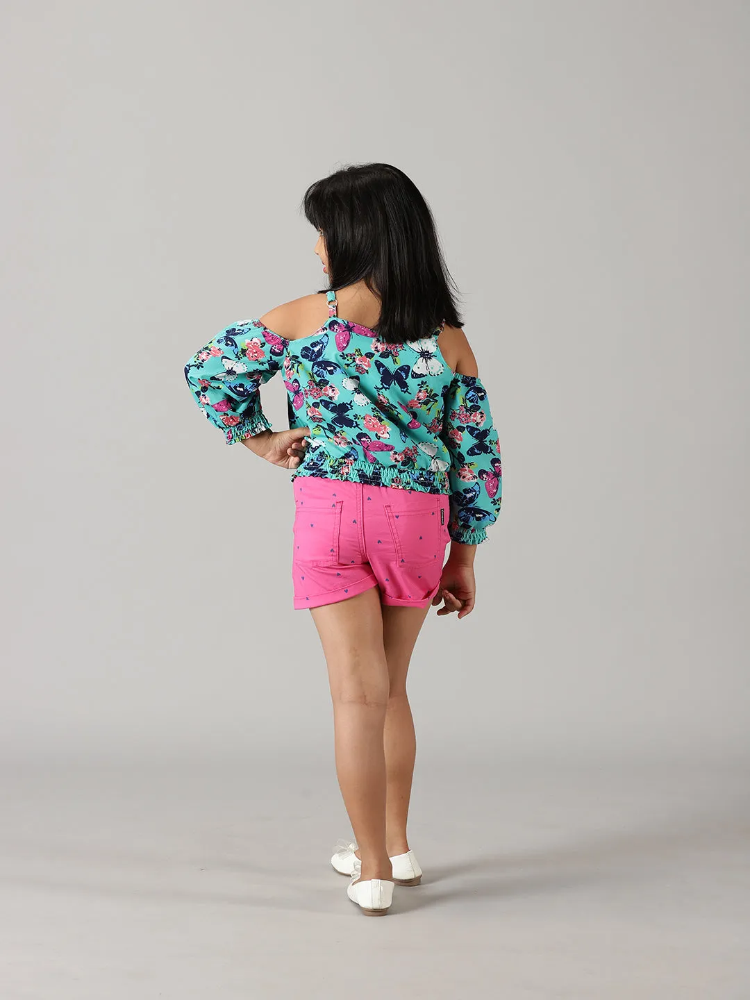 Girls Cold Shoulder Top With Roll up Short Set