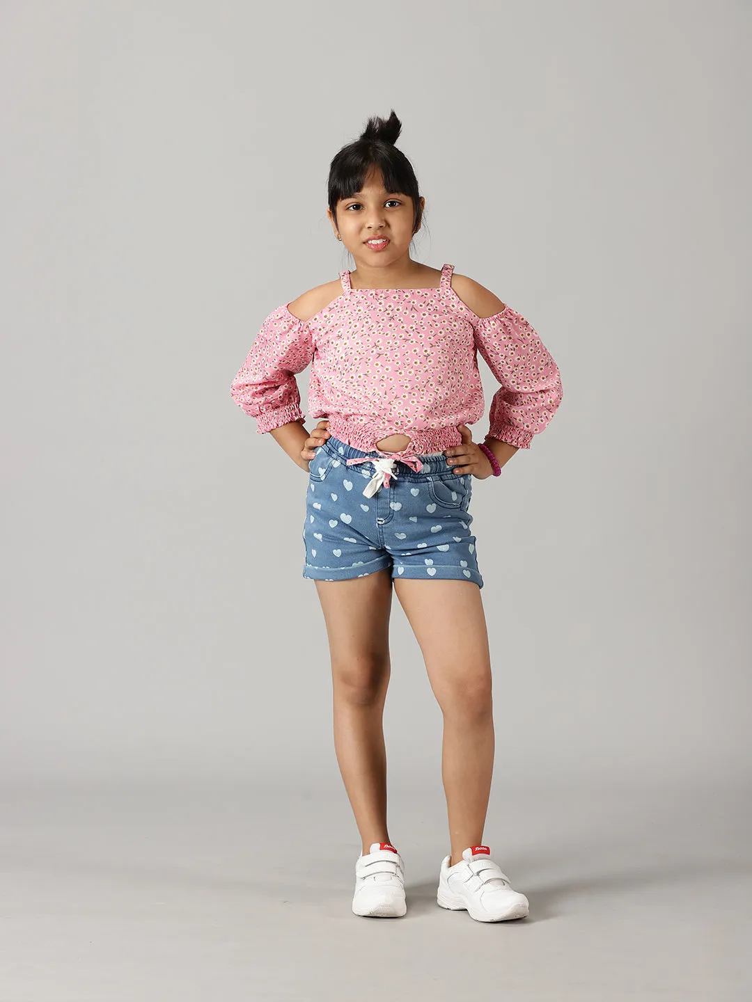 Girls Cold Shoulder Top With Roll up Short Set