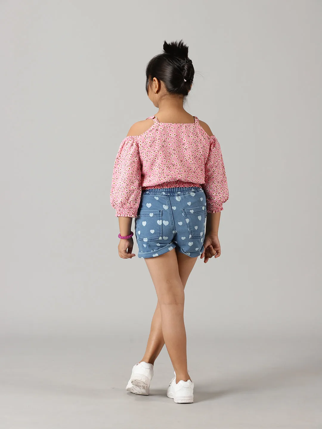 Girls Cold Shoulder Top With Roll up Short Set