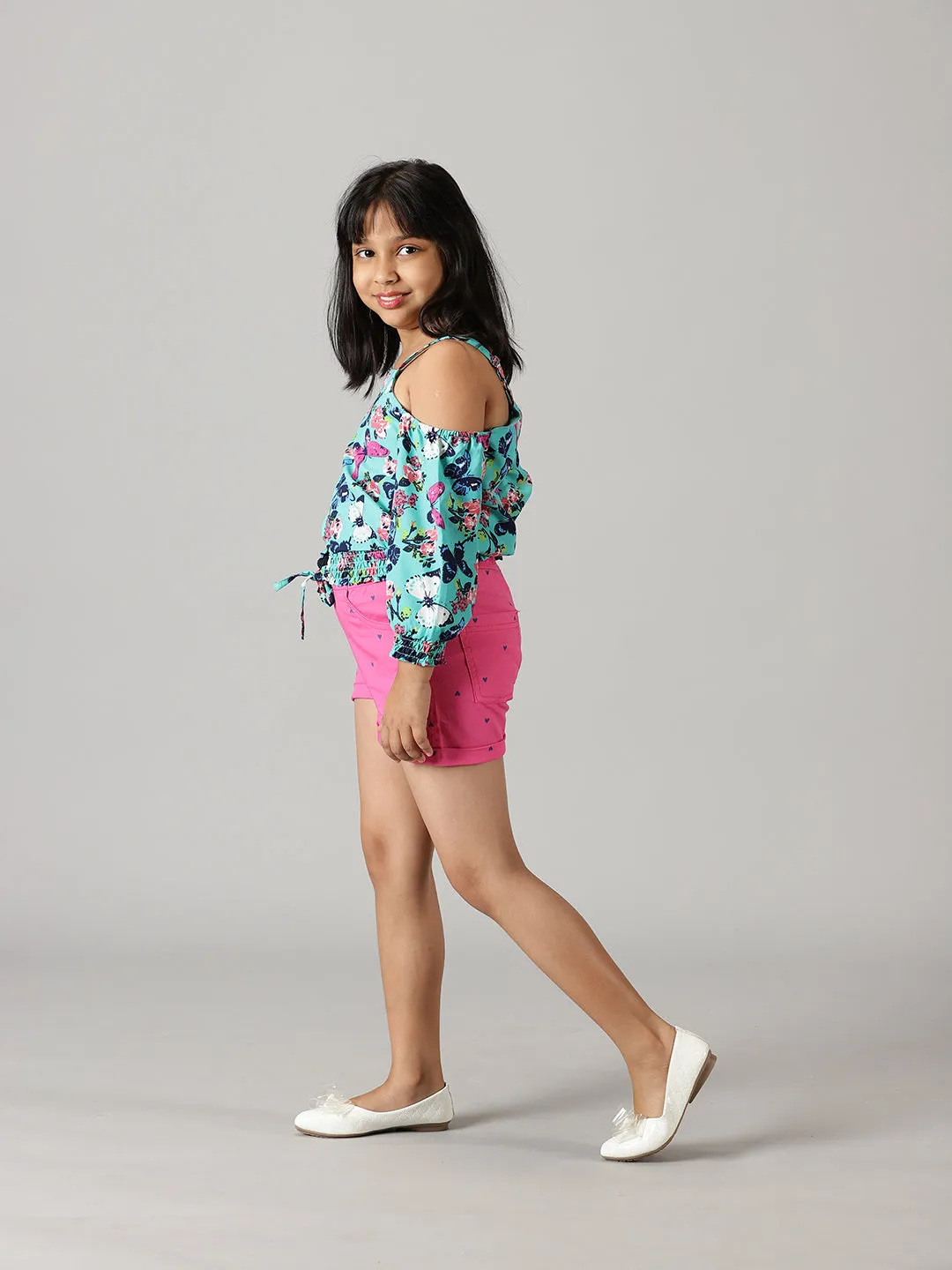 Girls Cold Shoulder Top With Roll up Short Set