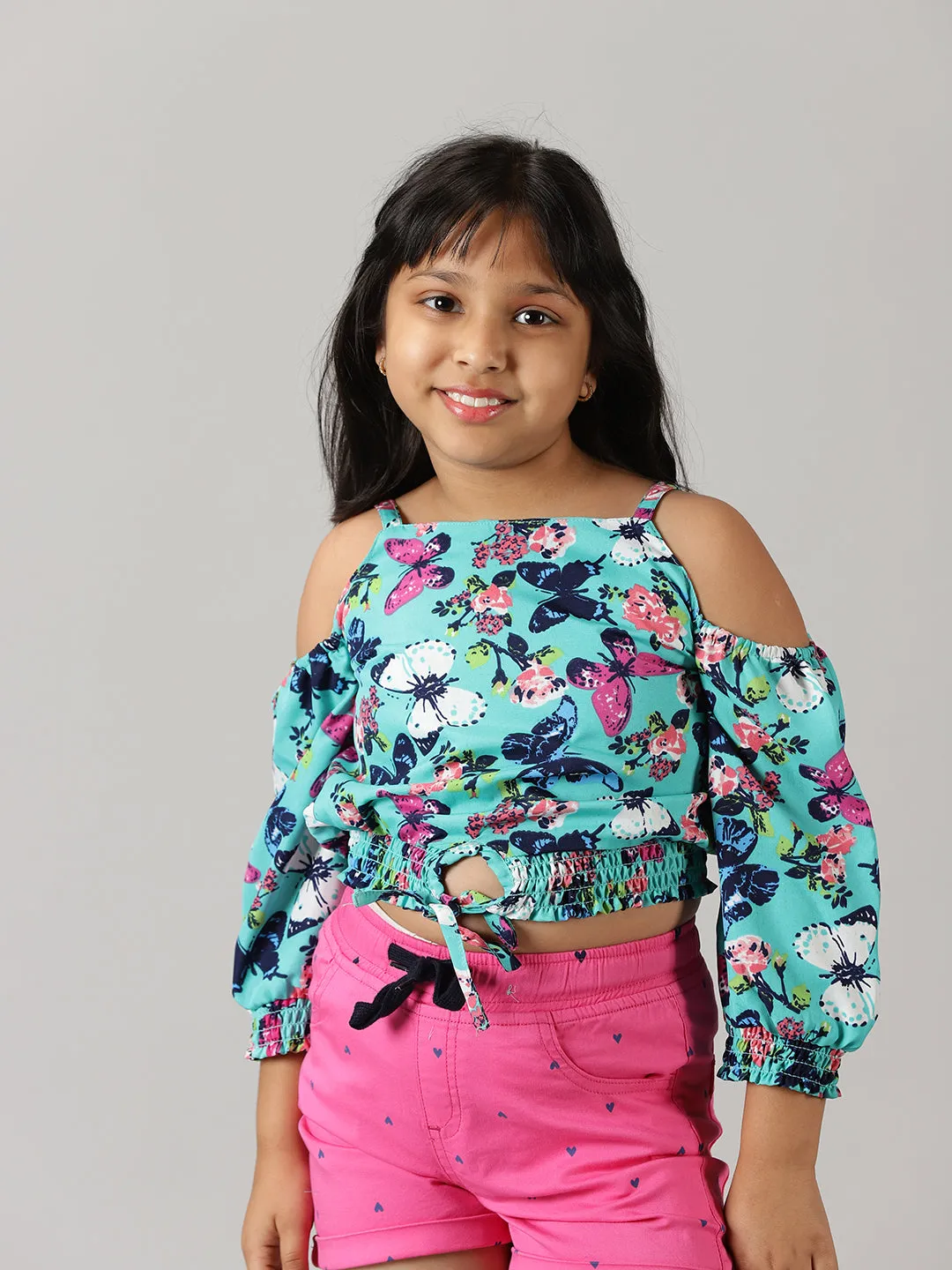 Girls Cold Shoulder Top With Roll up Short Set