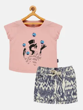 Girls Printed Raglan Sleeve Tee & Basic Roll up Hot Short Set