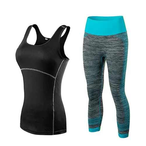 Ladies Sports Running Cropped Top 3/4 Leggings Yoga Gym Training Set