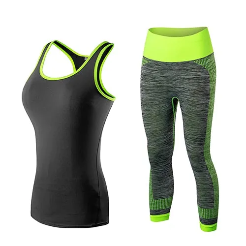 Ladies Sports Running Cropped Top 3/4 Leggings Yoga Gym Training Set