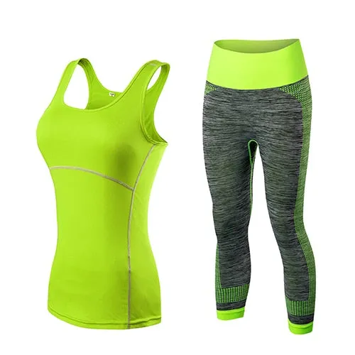 Ladies Sports Running Cropped Top 3/4 Leggings Yoga Gym Training Set