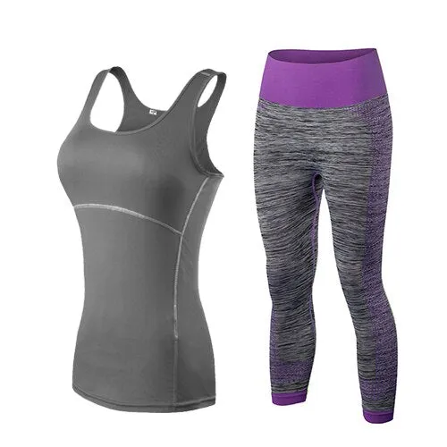 Ladies Sports Running Cropped Top 3/4 Leggings Yoga Gym Training Set