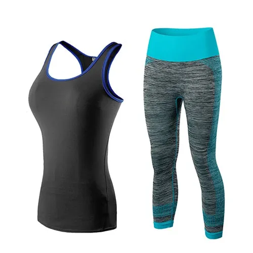 Ladies Sports Running Cropped Top 3/4 Leggings Yoga Gym Training Set