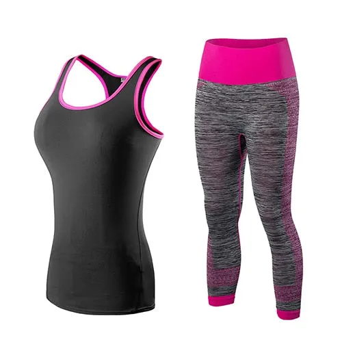 Ladies Sports Running Cropped Top 3/4 Leggings Yoga Gym Training Set