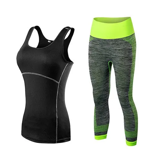 Ladies Sports Running Cropped Top 3/4 Leggings Yoga Gym Training Set