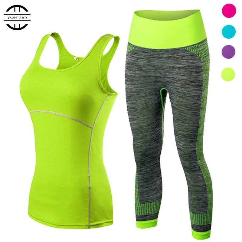 Ladies Sports Running Cropped Top 3/4 Leggings Yoga Gym Training Set