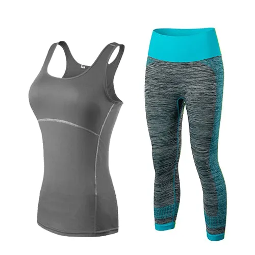 Ladies Sports Running Cropped Top 3/4 Leggings Yoga Gym Training Set