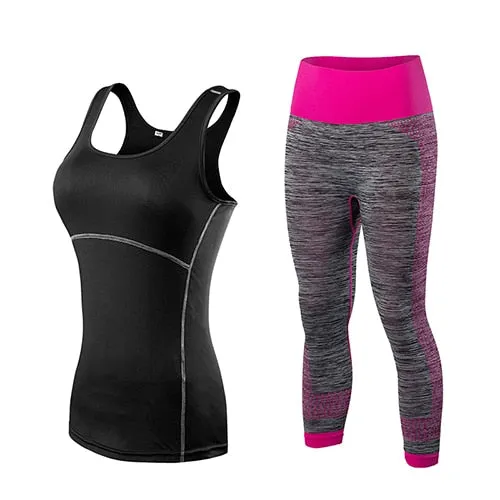 Ladies Sports Running Cropped Top 3/4 Leggings Yoga Gym Training Set