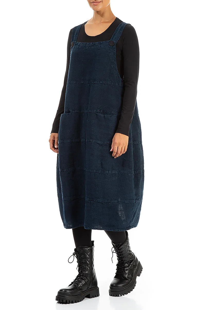 Midnight Blue Patterned Linen Dungaree Dress