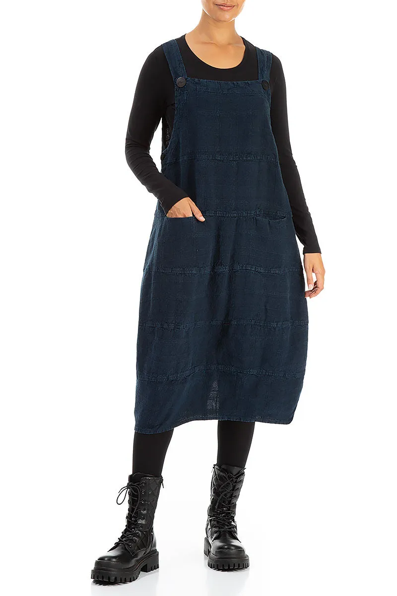 Midnight Blue Patterned Linen Dungaree Dress