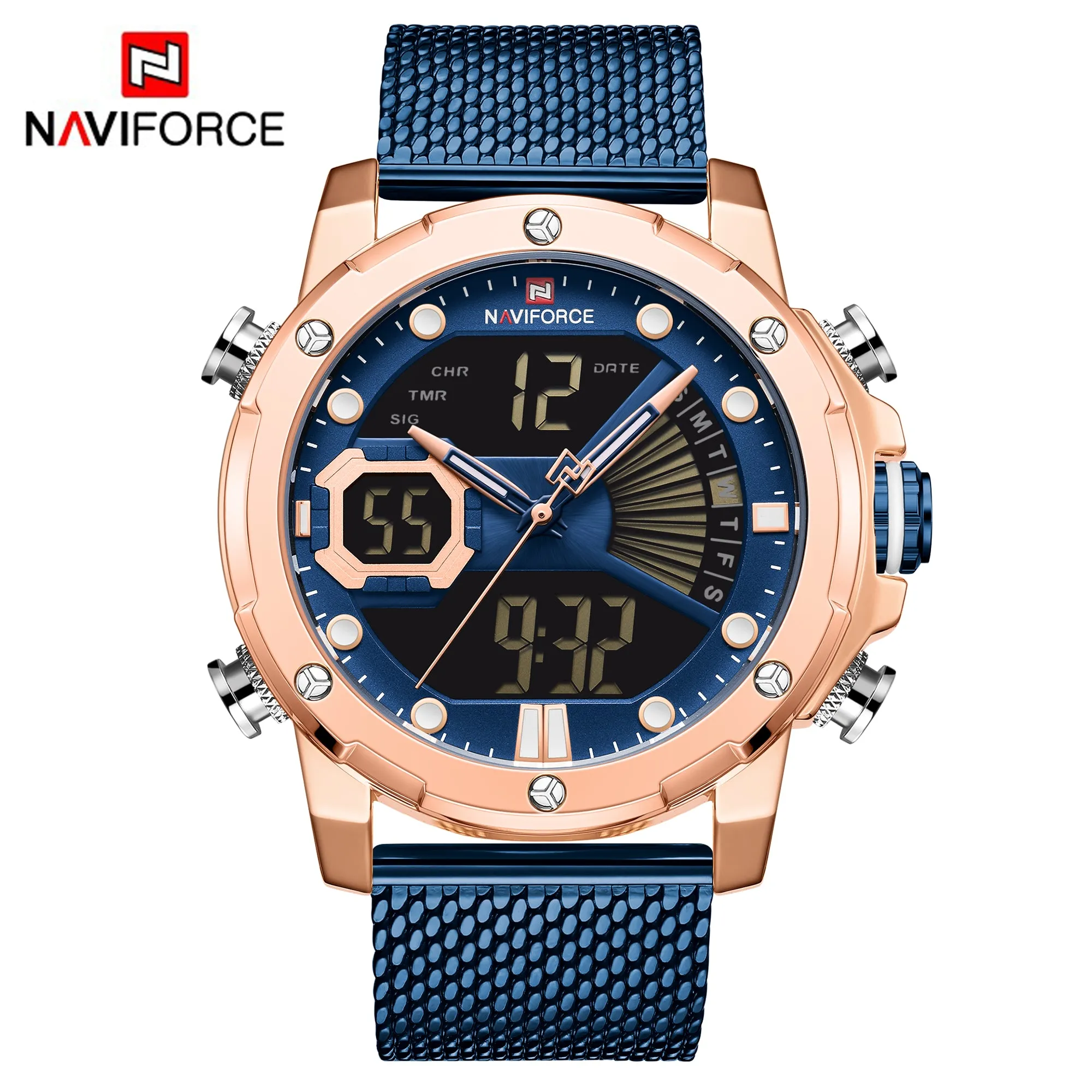 NAVIFORCE Men Military Sport Digital Watch Stainless Steel Band Waterproof Quartz Watches NF9172S