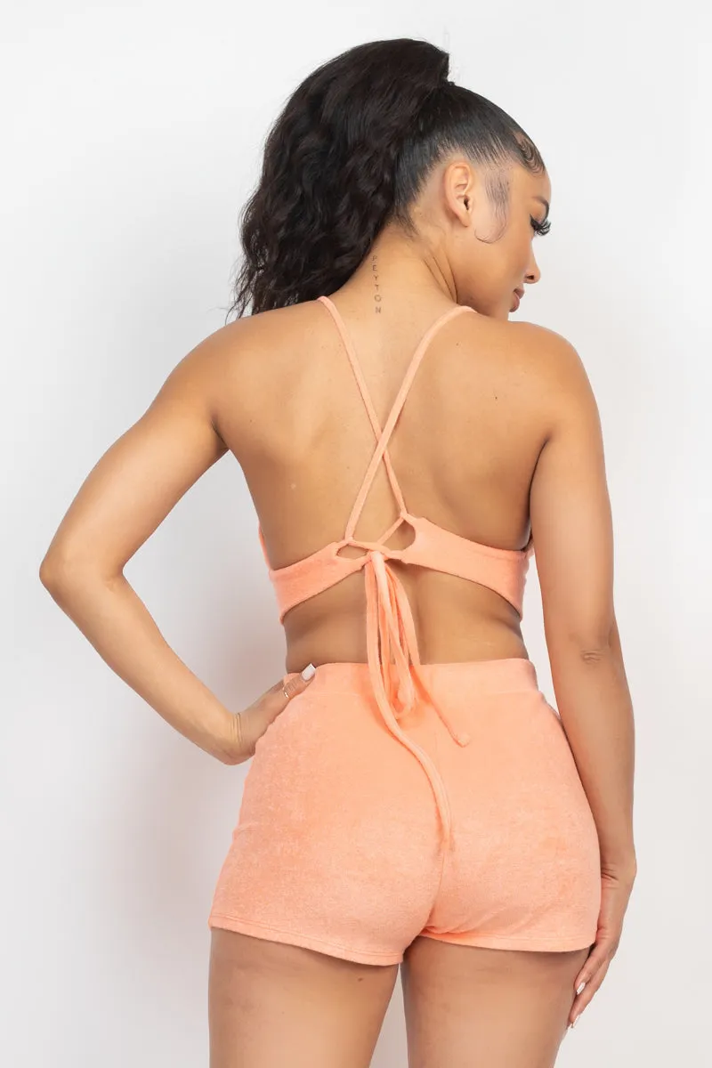 Orange Terry Towel Bralette Top & Mini Shorts Set