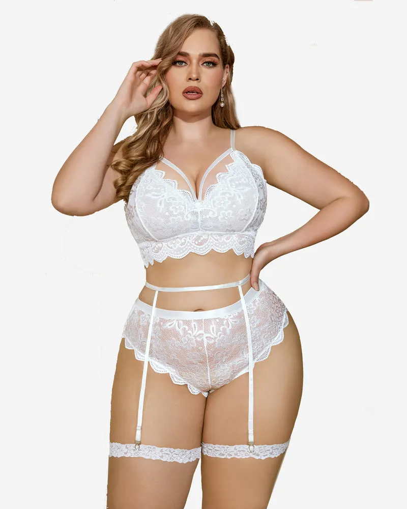 Plus Size Floral Lace Trim Bra High Waist Panties Set