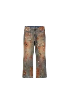 REGEN ZONE Heavy Distressed Dirty Blood Stains Nostalgic Damaged Flared Jeans