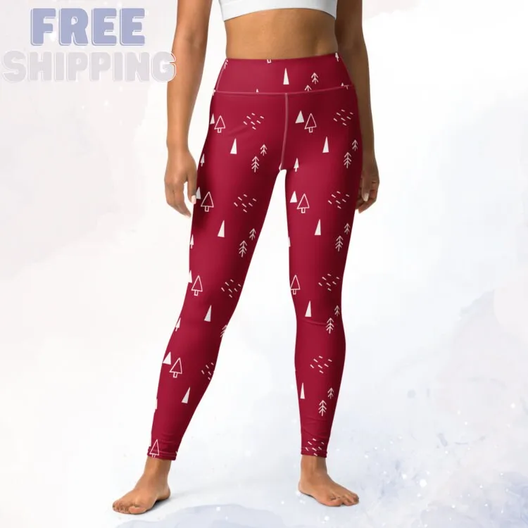 Scandinavian Forest Red High Waist Leggings for Christmas