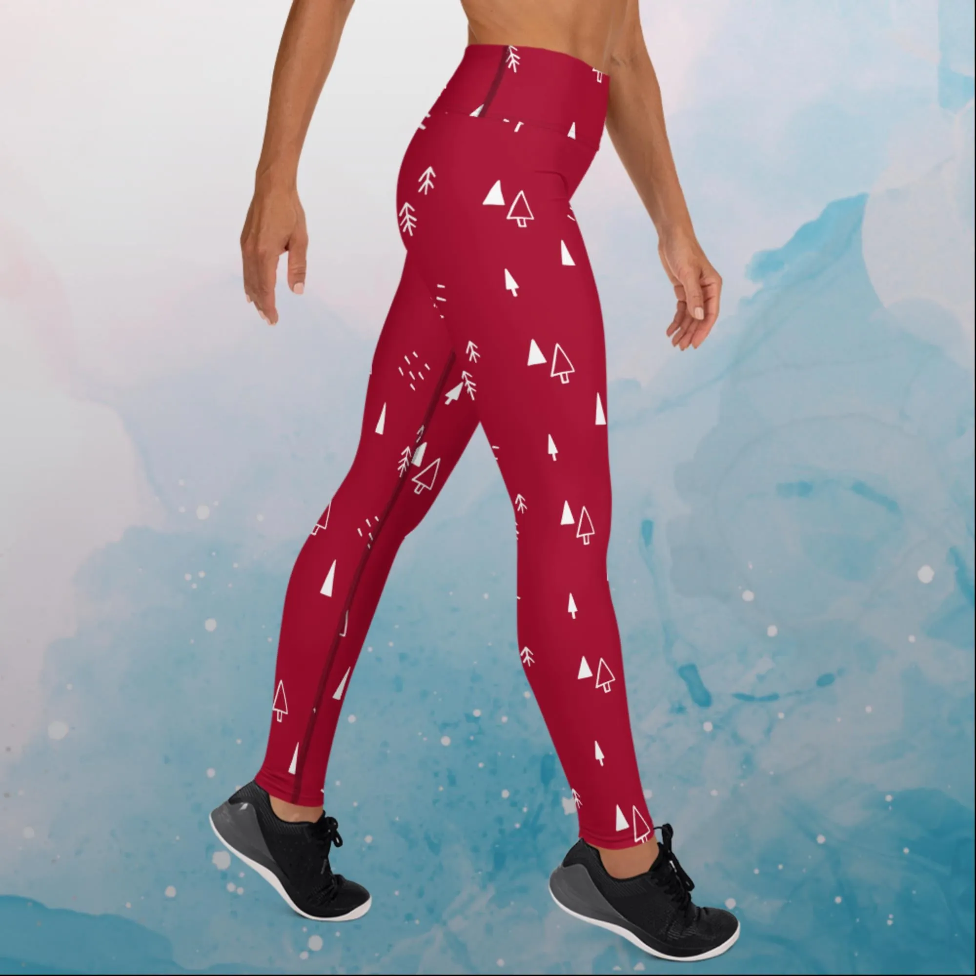 Scandinavian Forest Red High Waist Leggings for Christmas