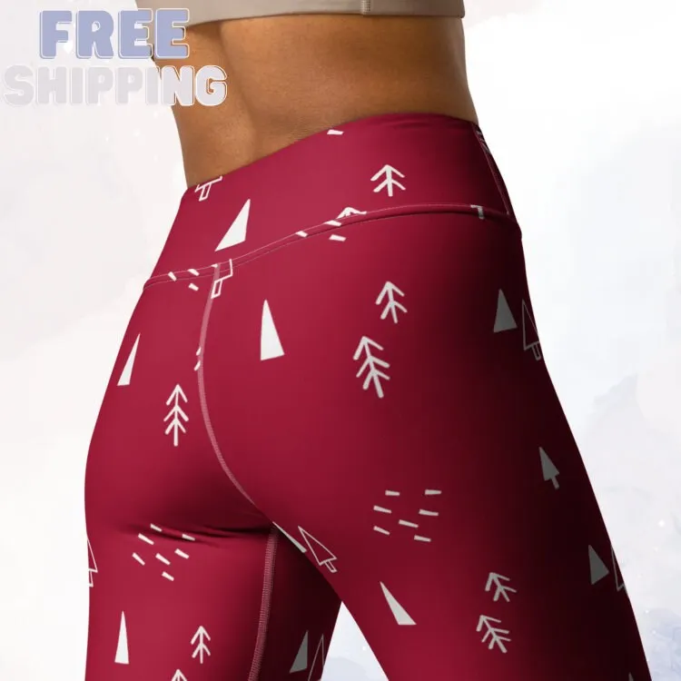 Scandinavian Forest Red High Waist Leggings for Christmas