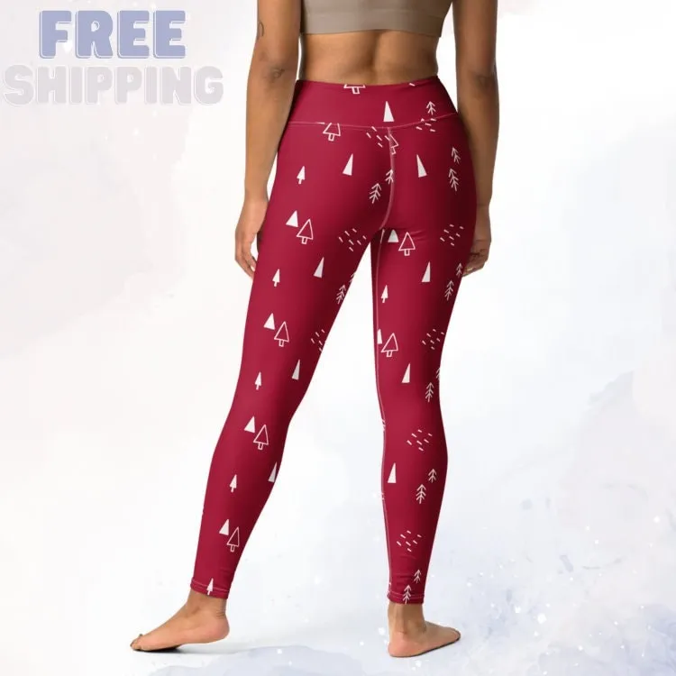 Scandinavian Forest Red High Waist Leggings for Christmas