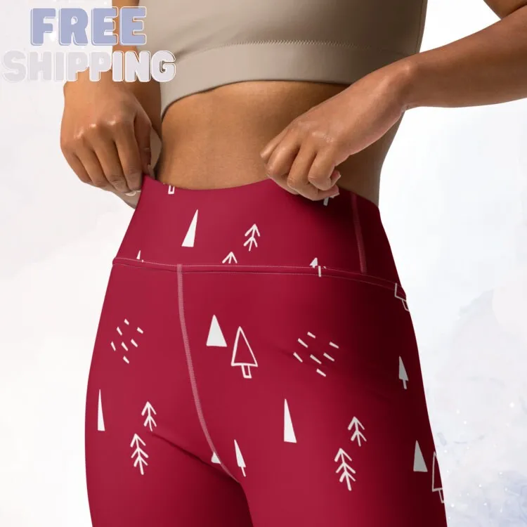 Scandinavian Forest Red High Waist Leggings for Christmas