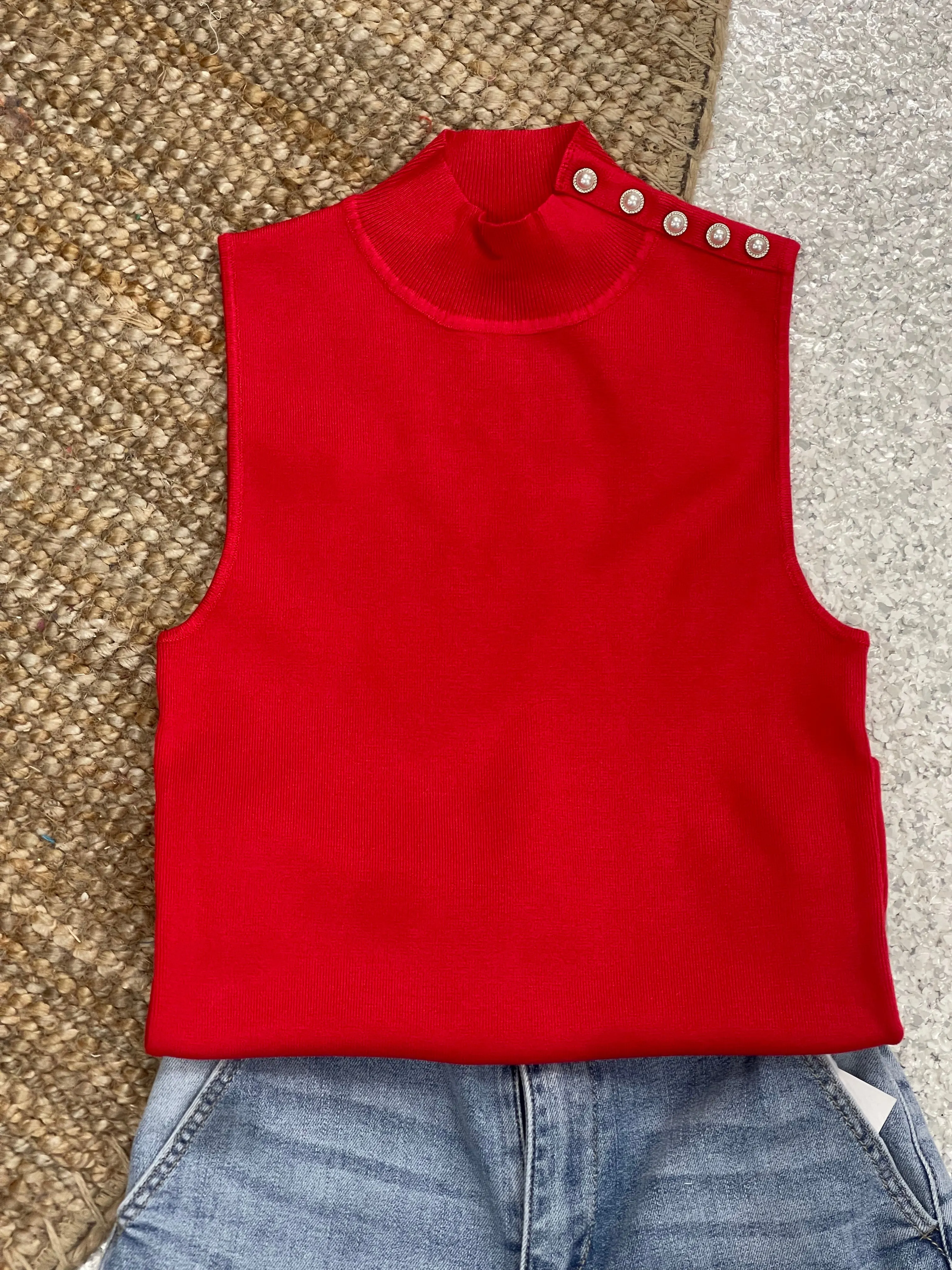 Sleeveless Mock Neck Jewel Button Sweater Tank